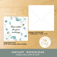 Watercolor Greenery Happy Wedding Day Card 5x5 with Envelope 5.25x5.25 + Address Template, Printable INSTANT DOWNLOAD, Congratulations, Eucalyptus, Edit with Corjl, DIY #1C_1EN 203 G1