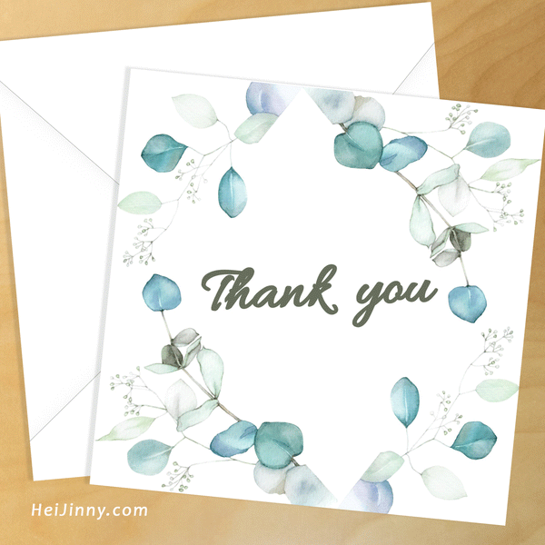 Watercolor Greenery Thank you Card 5x5 with Envelope 5.25x5.25 + Address Template, Printable INSTANT DOWNLOAD, Edit with Corjl, DIY #1T_1EN 133 G1 Euc