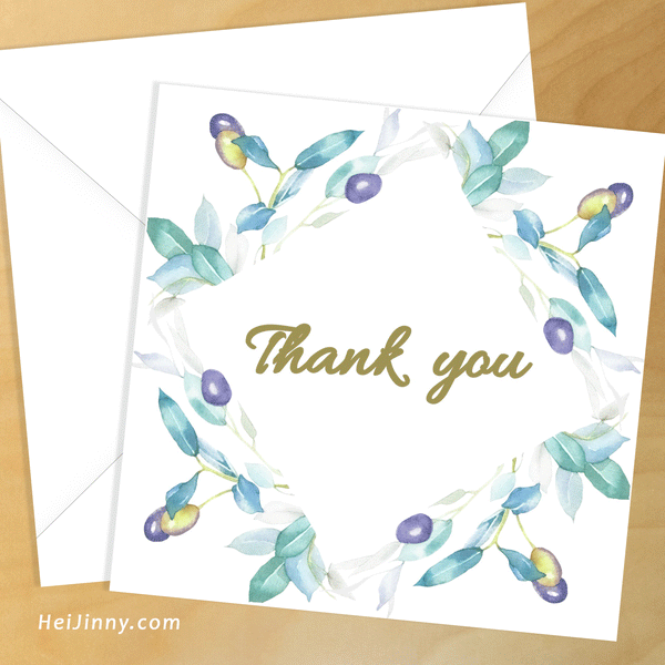 Watercolor Greenery Thank you Card 5x5 with Envelope 5.25x5.25 + Address Template, Printable INSTANT DOWNLOAD, Edit with Corjl, DIY #1T_1EN 134 G1 olive