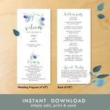 Printable Watercolor Greenery Olive Wedding Program Template, Program for Wedding, 4''x9'' Instant Download, Edit with Corjl, DIY #1WP 158 G1