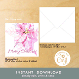 Watercolor Poinsettia, Merry Christmas Greeting Card + Envelope 5.25x5.25 + Address Template, Christmas Card Printable, Editable Xmas Cards, Printable INSTANT DOWNLOAD, Edit with Corjl, DIY #1XC_1EN 174 PS1 d