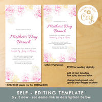 Mother's Day Invitation Template, Printable Watercolor Carnation Party Invite, Brunch, Lunch  & Dinner Event Flyer, Electronic Invitation, Evite, Digital, Editable Text, Instant Download, Edit with Corjl, DIY #2S_MI 211 C1 a