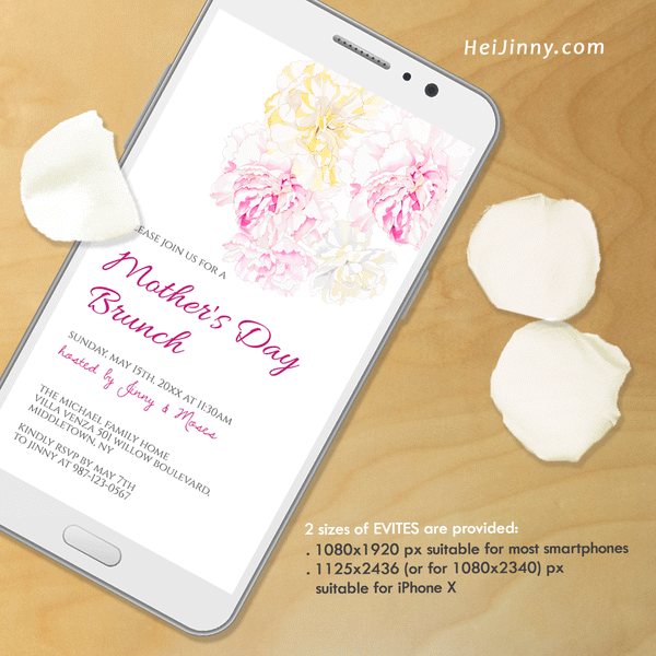 Mother's Day Invitation Template, Printable Watercolor Carnation Party Invite, Brunch, Lunch & Dinner Event Flyer, Electronic Invitation, Evite, Digital, Editable Text, Instant Download, Edit with Corjl, DIY #2S_MI 214 C1 b