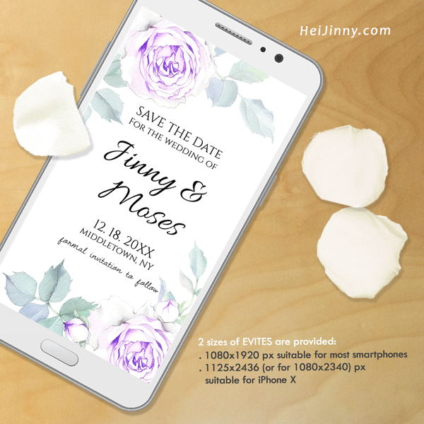 Watercolor Floral, Violet Rose Save the Date Template, Electronic Invitation, Evite, Digital, Wedding Date, Editable Text, Printable Instant Download, Edit with Corjl, DIY #2S_STD 053 R2