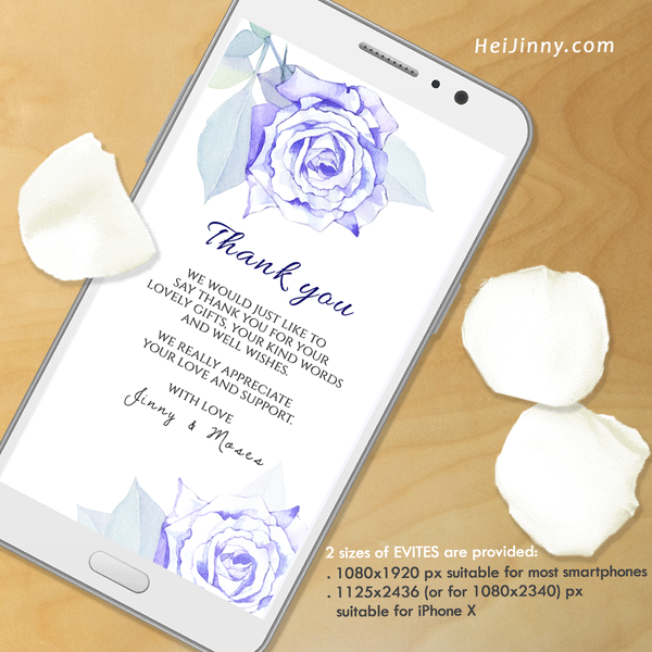 Watercolor Floral, Blue Rose Thank You Card Template, Electronic, Evite, Digital, Printable INSTANT DOWNLOAD, Editable Text, DIY, Edit with Corjl #1T 026 R1