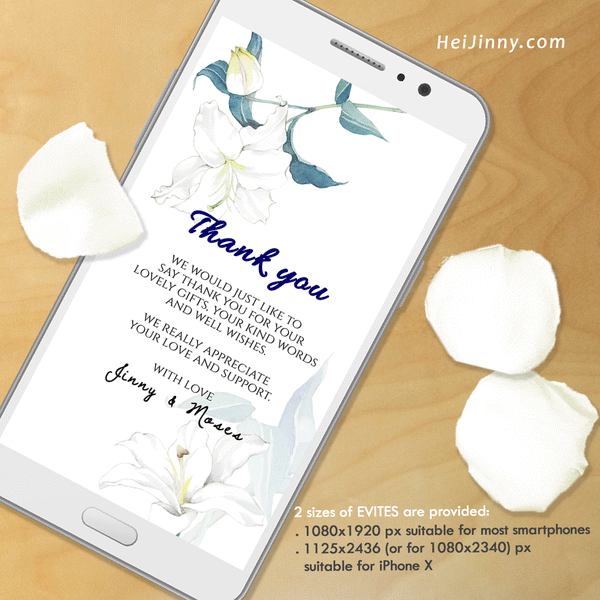 Watercolor Floral, White Lily Thank You Card Template, Electronic, Evite, Digital, Printable INSTANT DOWNLOAD, Editable Text, Edit with Corjl, DIY #1T 084 L1 b