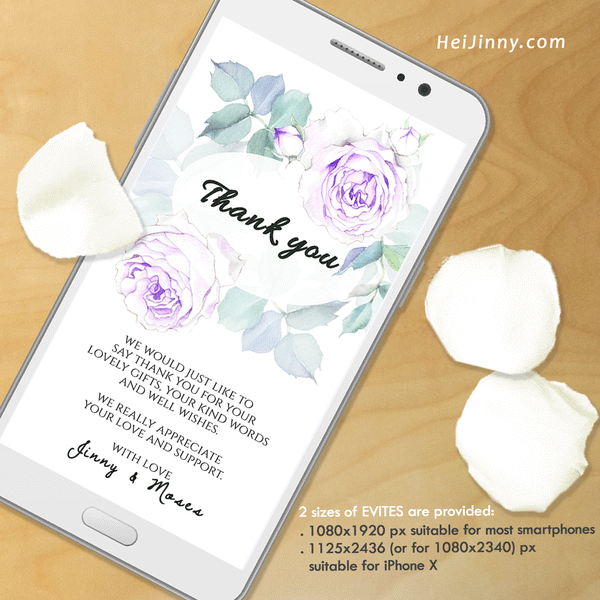 Watercolor Floral, Violet Rose Thank You Card Template, Electronic, Evite, Digital, Printable INSTANT DOWNLOAD, Editable Text, Edit with Corjl, DIY #1T 055 R2