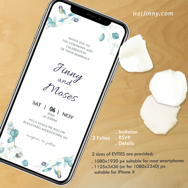 Wedding Invitation Bundle Templates, Watercolor Greenery Olive Smartphone Evites, Details and RSVP, SMS Wedding Invitation, Garden Wedding, INSTANT DOWNLOAD, Editable Text, Edit with Corjl, DIY, Digital Card, PDF file, #3S_E 162 G1
