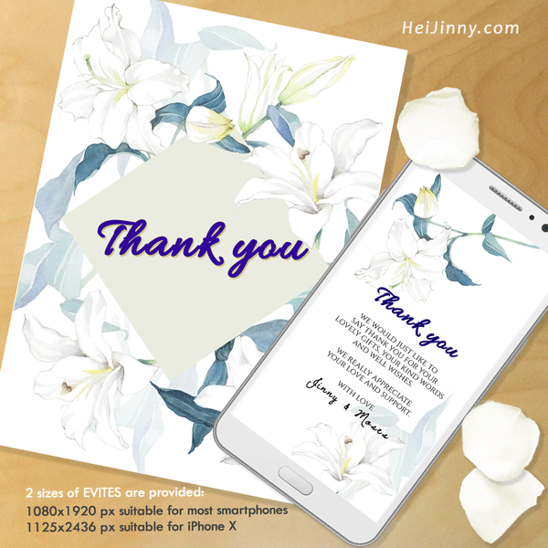 Watercolor Floral, White Lily Thank You Card Template, Electronic, Evite, Digital, Printable INSTANT DOWNLOAD, Editable Text, DIY, Edit with Corjl #2S_T 082 L1 b