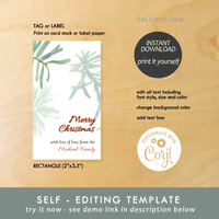 Printable Favor Tag Template, Watercolor Korean Fir Holiday Gift Tag, Editable Christmas Tag, Love, Thank you Tag or Label, Editable with Corjl, DIY #1FT 199 KF1 c