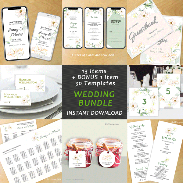 Printable Watercolor Flower Butterfly Wedding Bundle + 5 kinds of Wedding Evites, 100% Editable Text with Corjl, Garden Wedding, INSTANT DOWNLOAD, DIY, Digital Card, PDF file, #30WB 154 BF1 b