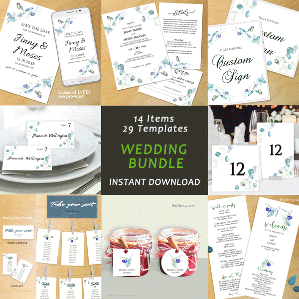 Printable Watercolor Greenery, Olive & Eucalyptus Wedding Bundle, Invitation Suite and Day of Templates, 100% Editable Text with Corjl, Garden Wedding, INSTANT DOWNLOAD, DIY, Digital Card, PDF file, #29WB 166 G1