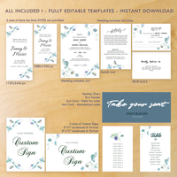 Printable Watercolor Greenery, Olive & Eucalyptus Wedding Bundle, Invitation Suite and Day of Templates, 100% Editable Text with Corjl, Garden Wedding, INSTANT DOWNLOAD, DIY, Digital Card, PDF file, #29WB 166 G1