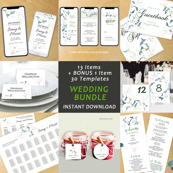 Printable Watercolor Floral White Lily Wedding Bundle + 5 kinds of Wedding Evites, 100% Editable Text with Corjl, Garden Wedding, INSTANT DOWNLOAD, DIY, Digital Card, PDF file, #30WB 148 L1