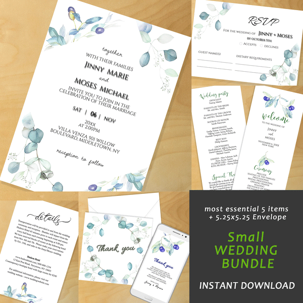 Printable Watercolor Greenery, Olive & Eucalyptus Wedding Invitation Set, Wedding Program, Thank you Card, Bonus Templates-Envelope, 100% Editable Text with Corjl, Garden Wedding, INSTANT DOWNLOAD, DIY, Digital Card, PDF file, #8WB 165 G1