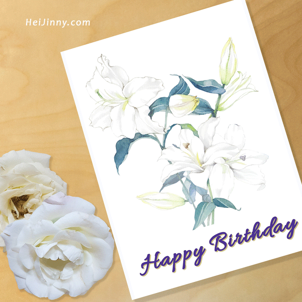 Watercolor Floral, White Lily Birthday Card Template, 5 x 7,  Printable INSTANT DOWNLOAD, DIY, Edit with Corjl #1B 128 L1