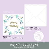 Watercolor Greenery, Olive Birthday Card 5x5 with Envelope 5.25x5.25 + Address Template, Printable INSTANT DOWNLOAD, Edit with Corjl, DIY #1B_1EN 032 G1