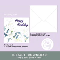 Watercolor Floral, White Lily Birthday Card 5x5 with Envelope 5.25x5.25 + Address Template, Printable INSTANT DOWNLOAD, Edit with Corjl, DIY #1B_1EN 079 L1 & L1 b