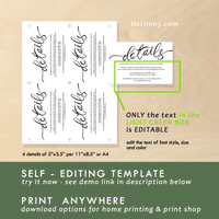 Wedding Details Card Template, 5x3.5, Printable INSTANT DOWNLOAD, Editable PDF, DIY, Edit with Corjl, ONLY Text #1D 014 CH1