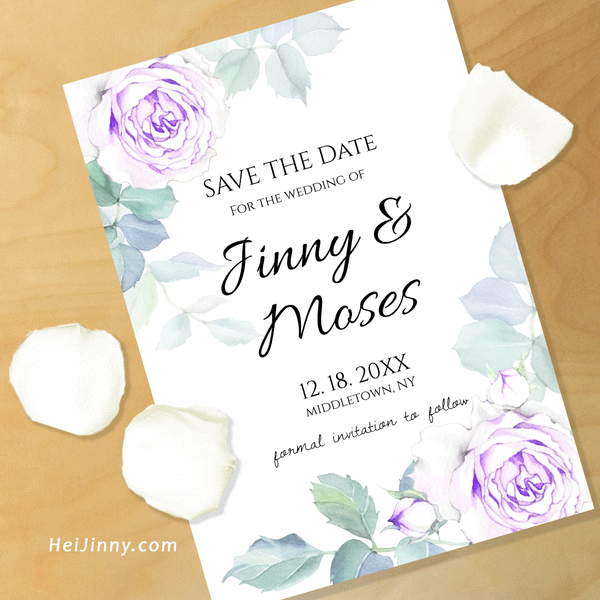 Watercolor Floral, Violet Rose Save the Date Template, Invitation, Wedding Date, Editable Text, Printable Instant Download, Edit with Corjl, DIY #1STD 052 R2