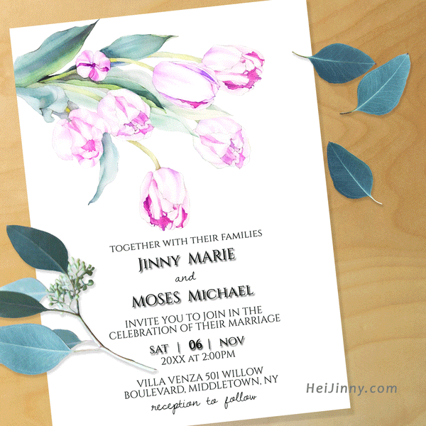 Wedding Invitation Template 5x7, Invite, Watercolor Floral, Red Purple Tulip, Garden Wedding, Printable INSTANT DOWNLOAD, Editable Text, Edit with Corjl, DIY, Digital Card, PDF file, #1WI 018 T1