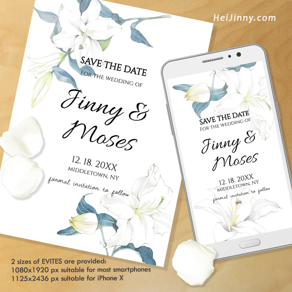 Watercolor Floral, White Lily Save the Date Template, Electronic Invitation, Evite, Digital, Wedding Date, Editable Text, Printable Instant Download, Edit with Corjl, DIY #3S_STD 091 L1