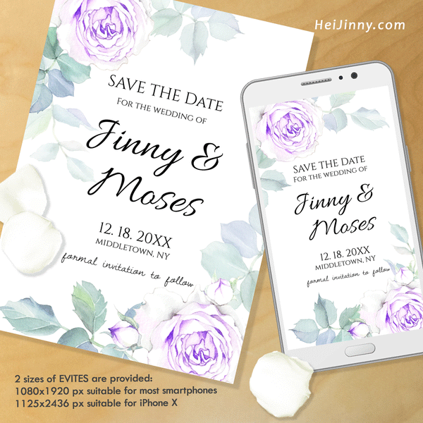 Watercolor Floral, Violet Rose Save the Date Template & Electronic Invitation, Evite, Digital, Wedding Date, Editable Text, Printable Instant Download, Edit with Corjl, DIY #3S_STD 047 R2