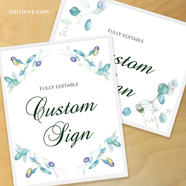 Watercolor Greenery Custom Sign Template, Wedding, INSTANT DOWNLOAD, Editable Text, DIY, Create Unlimited Signs, 5x7 & 8x10, Edit with Corjl #4S_CS 058 G1