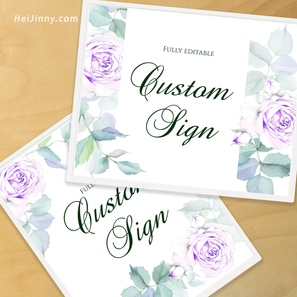 Watercolor Floral, Violet Rose Custom Sign Template, Wedding, INSTANT DOWNLOAD, Editable Text, DIY, Create Unlimited Signs, 5x7 & 8x10, Edit with Corjl #4S_CS 059 R2