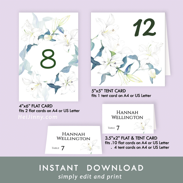 Wedding Table No 4x6 flat & 5x5 tent + Place Card Template 3.5x2 flat & tent, Watercolor Floral, White Lily, Printable INSTANT DOWNLOAD, Editable PDF, Edit with Corjl, DIY #4S_TC+PC 102 L1