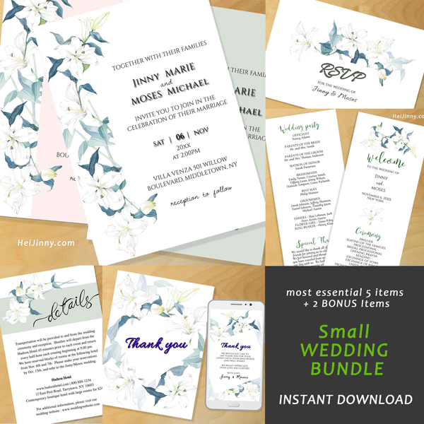 Printable Watercolor Floral White Lily Wedding Invitation Set, Wedding Program, Thank you Card, Bonus Templates-Envelope with Liner, 100% Editable Text with Corjl, Garden Wedding, INSTANT DOWNLOAD, DIY, Digital Card, PDF file, #11WB 103 L1